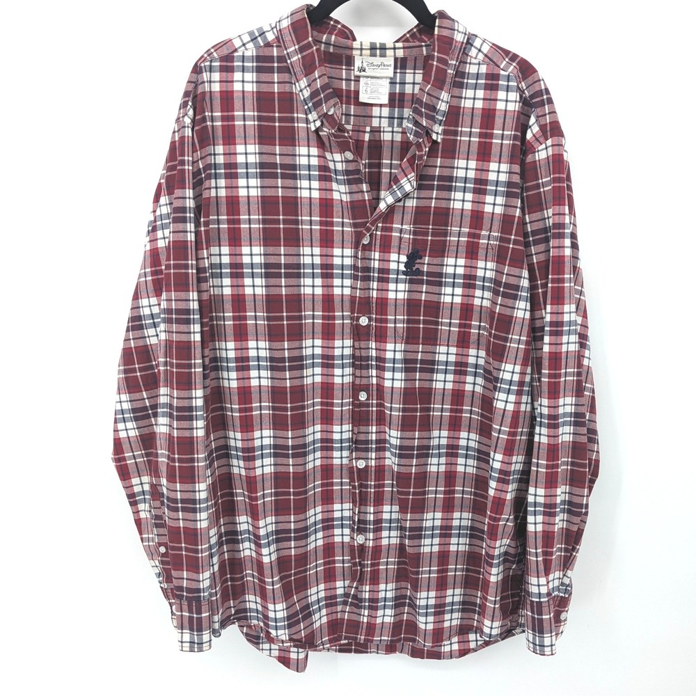 Disney Parks Mickey Mouse Shirt Mens XL Red Plaid Long Sleeve Button Up Casual